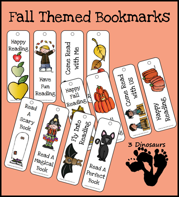 Free Fall Bookmarks for Kids - with 12 bookmarks to use for fall with apples, leaves, pumpkins and Halloween - 3Dinosaurs.com