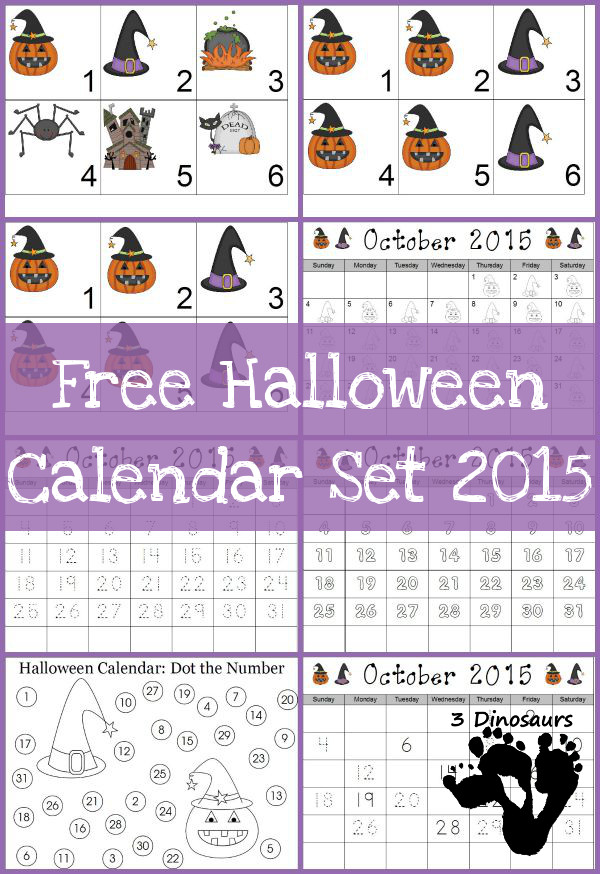 Free 2015 Halloween Calendar Set: 3 types of calendar cards: 6 images, AB pattern, and ABB October 2015 - single calendar pages: dot the number  - 3Dinosaurs.com