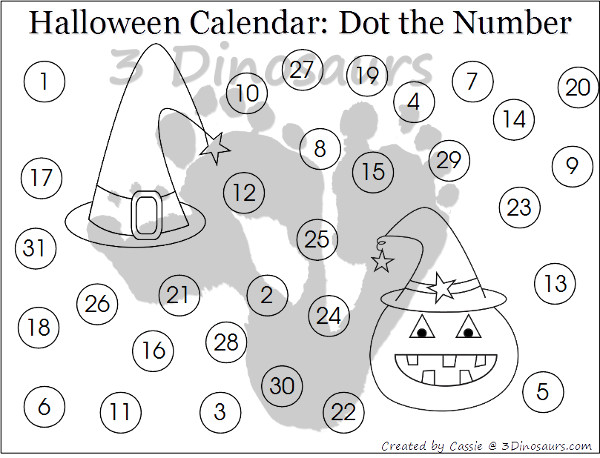 Free 2015 Halloween Calendar Set: 3 types of calendar cards: 6 images, AB pattern, and ABB October 2015 - single calendar pages: dot the number  - 3Dinosaurs.com