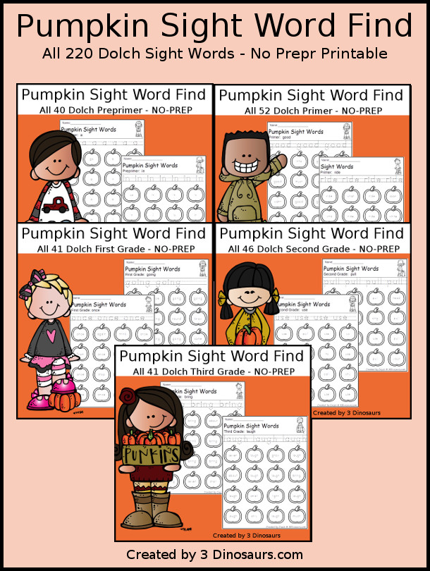Pumpkin Find for all 220 Dolch Sight Words $  with tracing the sight word and finding the sight word on the pumpkins - 3Dinosaurs.com