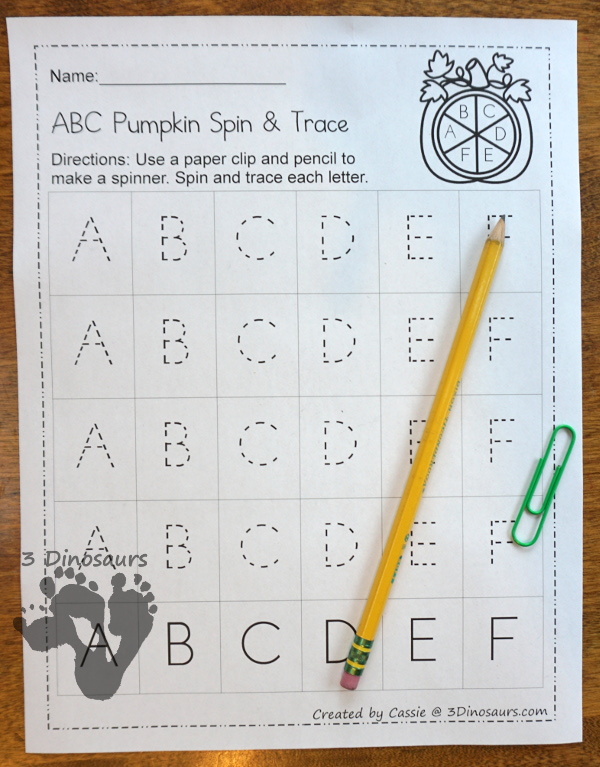 FREE ABC Pumpkin Spin & Trace uppercase or lowercase with 3 font options: print, cursive, D´Nealian style - 3Dinosaurs.com