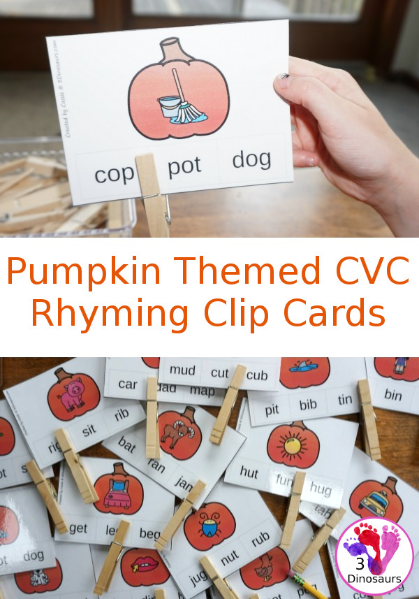 Free Pumpkin CVC Rhyming Clip Cards - 5 pages of printables with short a, short e, short i, short o and short u - 3Dinosaurs.com