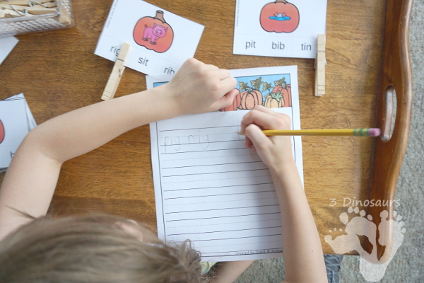 Free Fun Hands-On Pumpkin CVC Rhyming Clip Cards - 20 cards for kids to use.- 3Dinosaurs.com