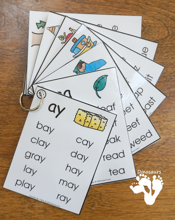 Easy To Use Vowel Team Wall Cards - a free set and a selling set options for the cards with vowel team flip books with list of vowel team words - 3Dinosaurs.com