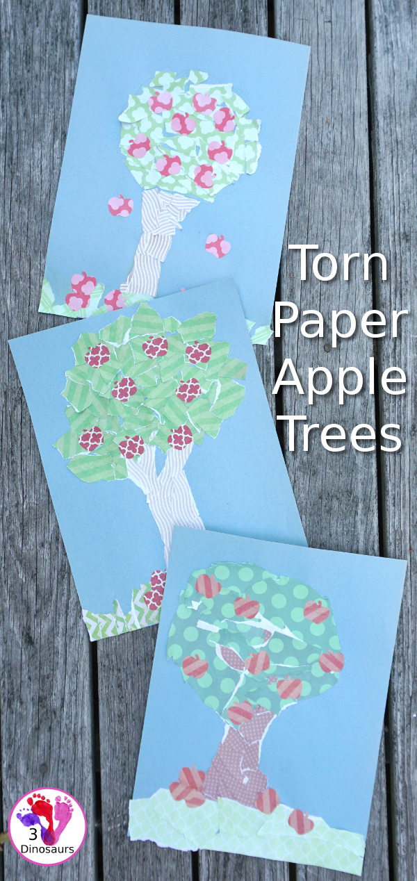 Torn Scrap Book Paper Apple Trees - an easy fine motor activity for kids to make an apple tree - 3Dinosaurs.com