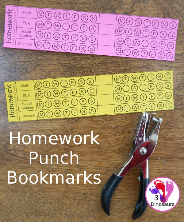 Free Homework Punch Bookmark Cards - 8 subject cards with 4 set 4 spaces to write in the subjects - 3Dinosaurs.com