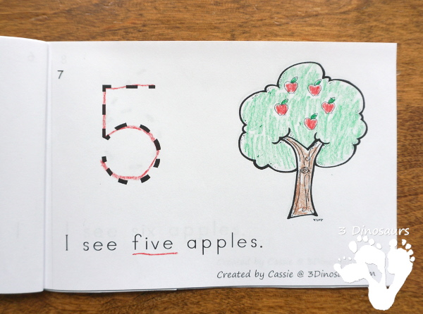 Free Apple Number Counting Book - numbers 0 to 10 in an easy to print easy reader book for kids - 3Dinosaurs.com