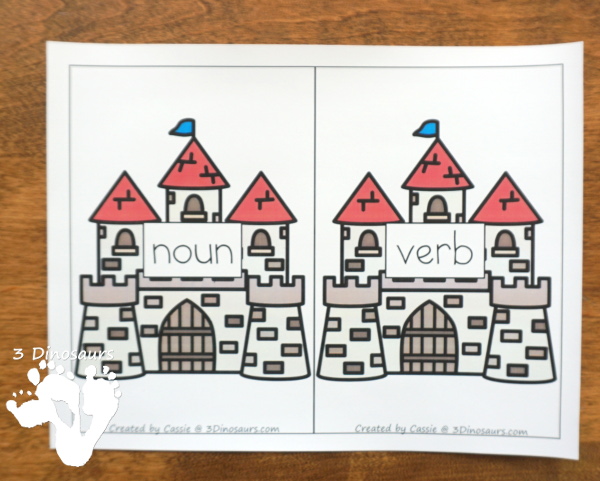 Free Castle Themed Sorting Noun & Verbs with Knight at Dawn - a fun way to work on words from the book plus learning learning to read skills with writing - 3Dinosaurs.com