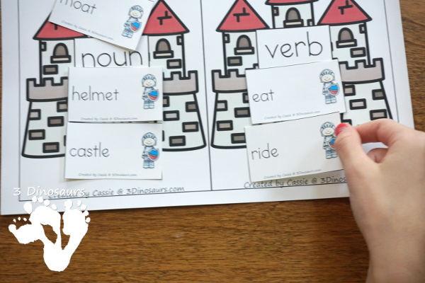 Free Castle Themed Sorting Noun & Verbs with Knight at Dawn - a fun way to work on words from the book plus learning learning to read skills with writing - 3Dinosaurs.com