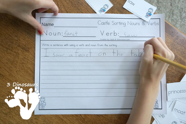 Free Castle Themed Sorting Noun & Verbs with Knight at Dawn - a fun way to work on words from the book plus learning learning to read skills with writing - 3Dinosaurs.com