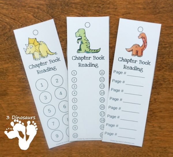 Free Dinosaur themed chapter bookmarks for kids to use for reading chapter books. It comes in three different options - 3Dinosaurs.com