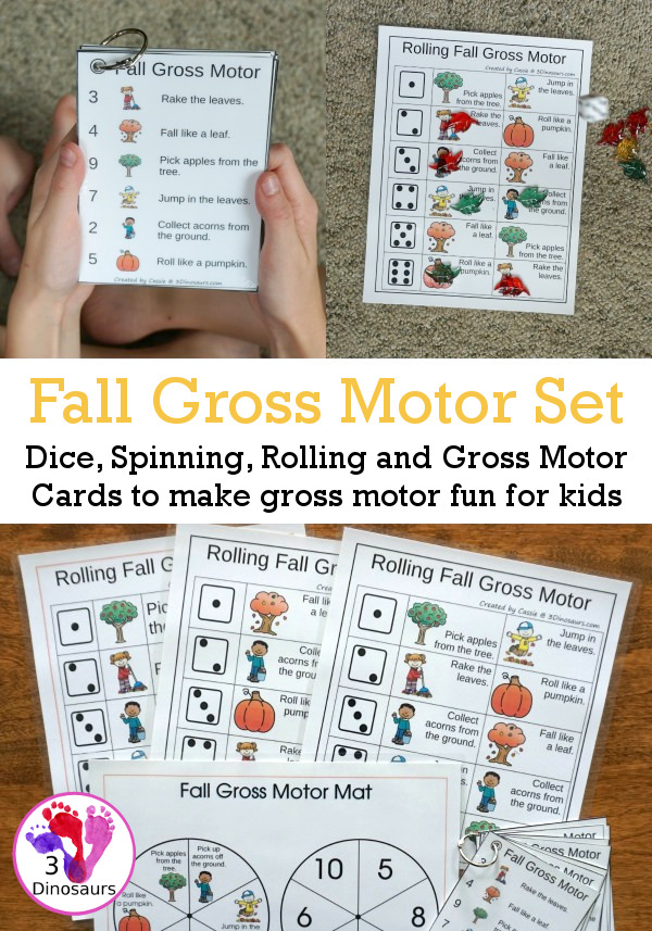 Fall Gross Motor Dice - with dice, rolling dice sheets, and gross motor cards so you can do fun fall movements. - 3Dinosaurs.com