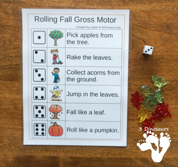 Fall Gross Motor Dice - with dice, rolling dice sheets, and gross motor cards so you can do fun fall movements. - 3Dinosaurs.com