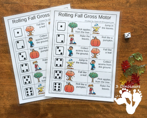 Fall Gross Motor Dice - with dice, rolling dice sheets, and gross motor cards so you can do fun fall movements. - 3Dinosaurs.com