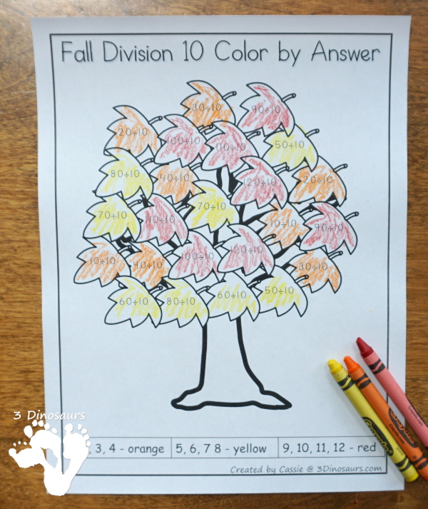 Free Fall Leaves Color by Division - work on division from 1 to 12 with this no-prep printable with a fun fall leaves theme - 3Dinosaurs.com