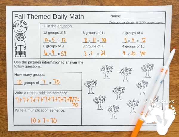 No Prep Fall Themed Multiplication & Division  - 30 pages no-prep printables with a mix of multiplication and division  activities plus a math center activity - 3Dinosaurs.com #noprepmath #tpt #division #multiplication