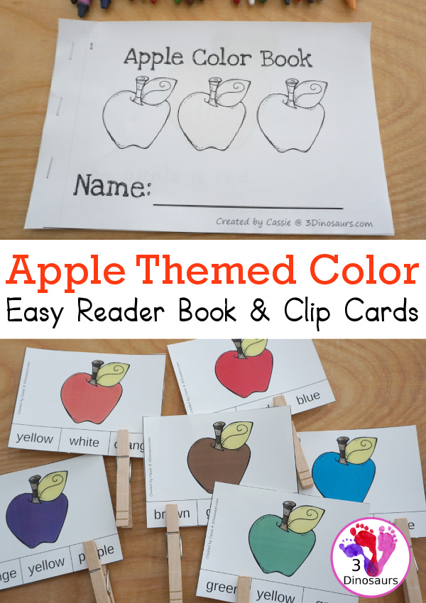 Free Apple Color Easy Reader Book & Clip Cards - 11 colors words in an apple themed book with matching apple themed color clip cards - 3Dinosaurs.com