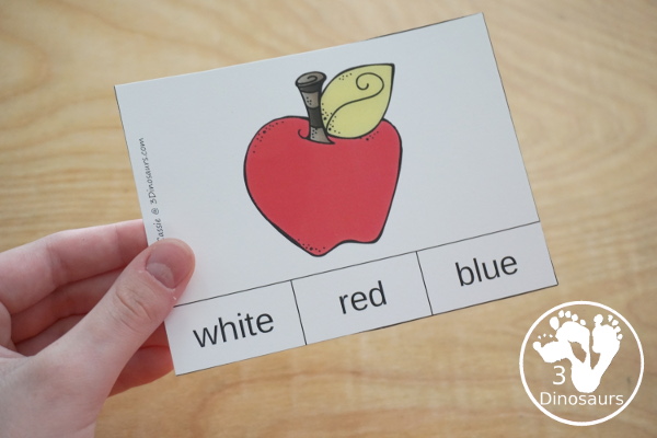 Free Apple Color Easy Reader Book & Clip Cards - 11 colors words in an apple themed book with matching apple themed color clip cards - 3Dinosaurs.com