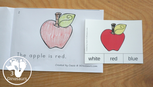 Free Apple Color Easy Reader Book & Clip Cards - 11 colors words in an apple themed book with matching apple themed color clip cards - 3Dinosaurs.com