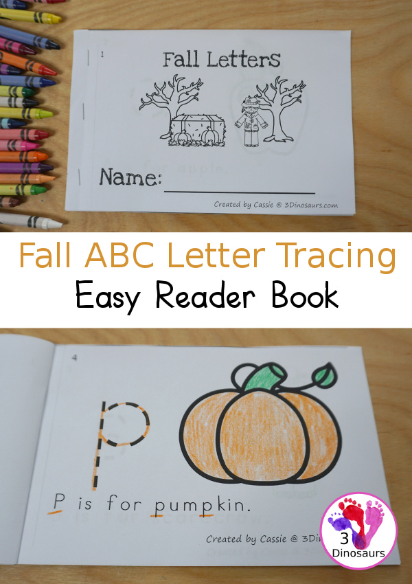 Free Fall ABC Letters themed Tracing Easy Reader Book - with letters a, l, p, s, r, h, t in a 12 page book - 3Dinosaurs.com