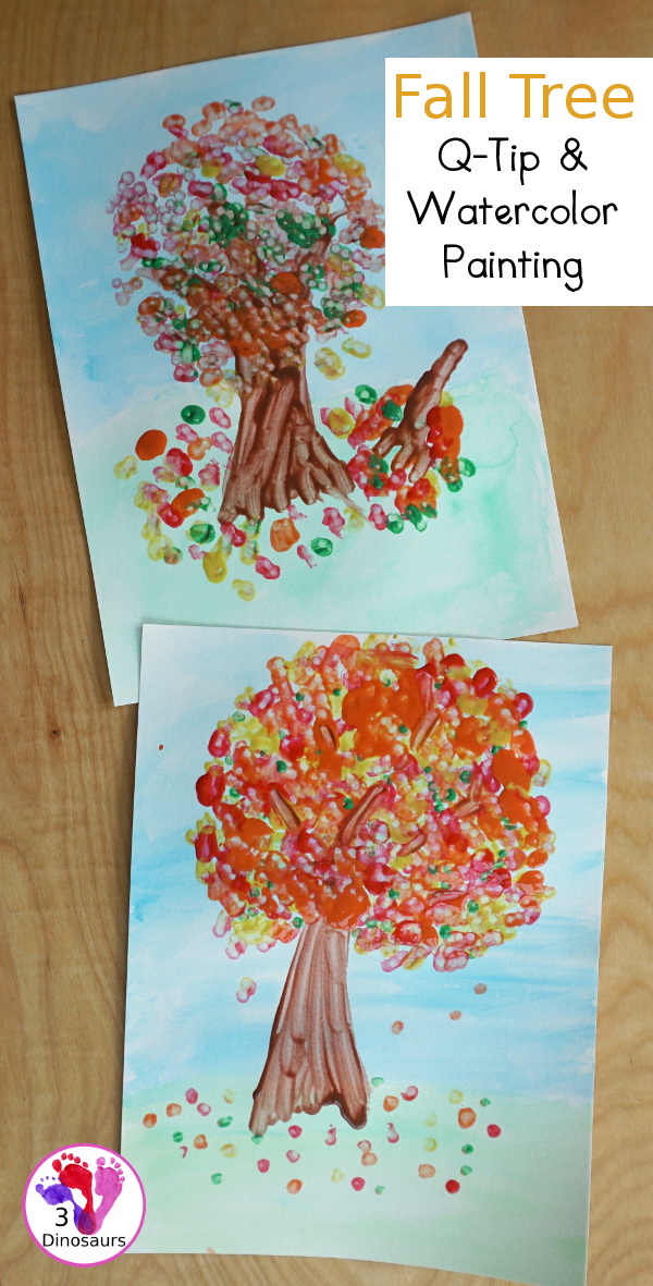 Fall Tree Watercolor and Q-Tip Painting - a mixed art painting project for kids to do for a fall tree.  - 3Dinosaurs.com