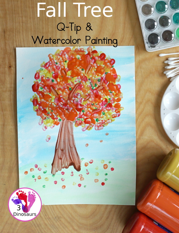 Fall Tree Watercolor and Q-Tip Painting - a mixed art painting project for kids to do for a fall tree.  - 3Dinosaurs.com