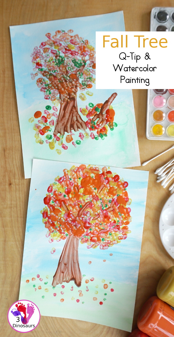 Fall Tree Watercolor and Q-Tip Painting - a mixed art painting project for kids to do for a fall tree.  - 3Dinosaurs.com