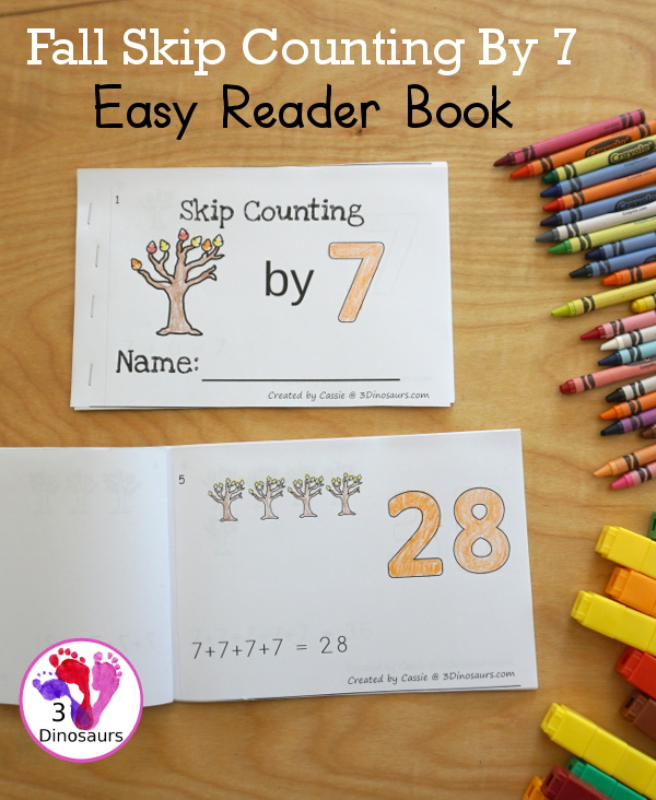 Free Fall Tree Skip Counting by 7 Easy Reader Book - a fun easy reader book for kids to work on skip counting with leaves by 7s - 3Dinosaurs.com