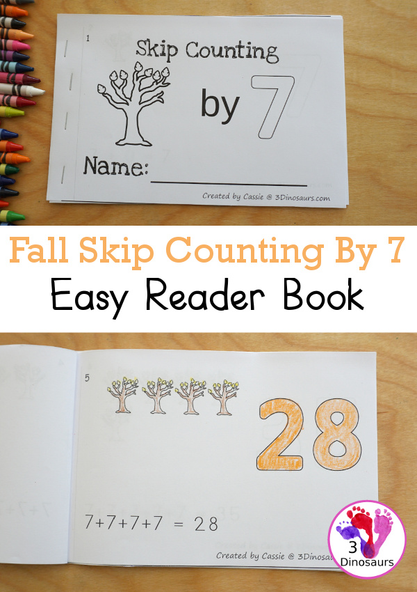 Free Fall Tree Skip Counting by 7 Easy Reader Book - a fun easy reader book for kids to work on skip counting with leaves by 7s - 3Dinosaurs.com