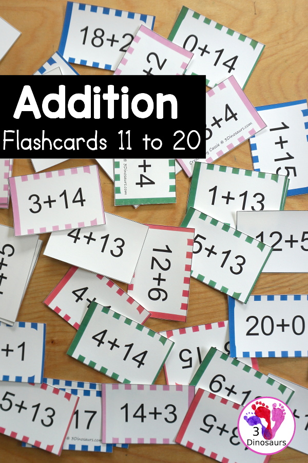 Free Addition Flash Cards 11-20 - five colors of addition cards to pick from with 8 addition flashcards on each page - 3Dinosaurs.com