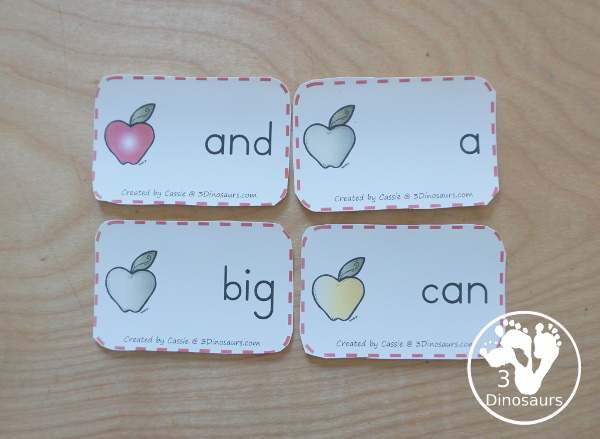 Apple Sight Word Activities: sight word cards with two sizes of sight word cards one for sight word center and one sight word card for wall - 3Dinosaurs.com