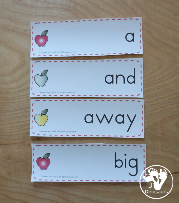 Apple Sight Word Activities: sight word cards with two sizes of sight word cards one for sight word center and one sight word card for wall - 3Dinosaurs.com