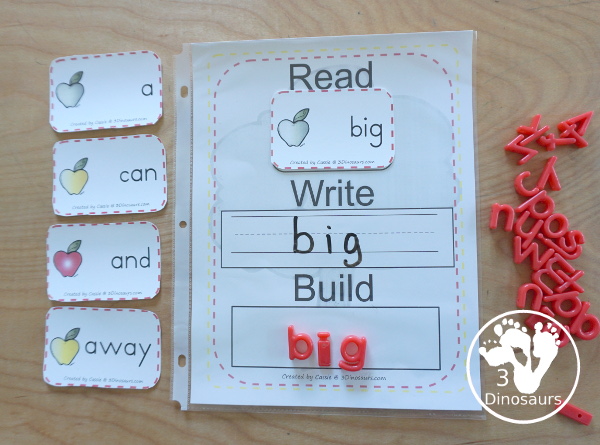 Apple Sight Word Activities: sight word cards with two sizes of sight word cards one for sight word center and one sight word card for wall - 3Dinosaurs.com