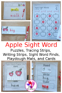 Apple Sight Word Activities: Finds, Playdough Mats, Tracing Strips, Cards, and Puzzles