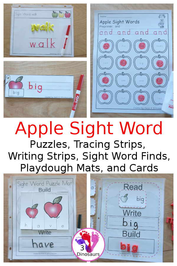 Apple Sight Word Activities: Finds, Playdough Mats, Tracing Strips, Cards, and Puzzles - loads of fun activities for kids to learn their sight words with a fall apple theme - 3Dinosaurs.com