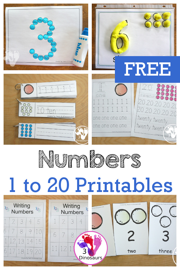 Free 1 to 20 Number Printables with a Gumball Theme - with number writing, number tracing, number matching puzzles, number wall cards, number pocket chart cards, number dot marker and more -3Dinosaurs.com