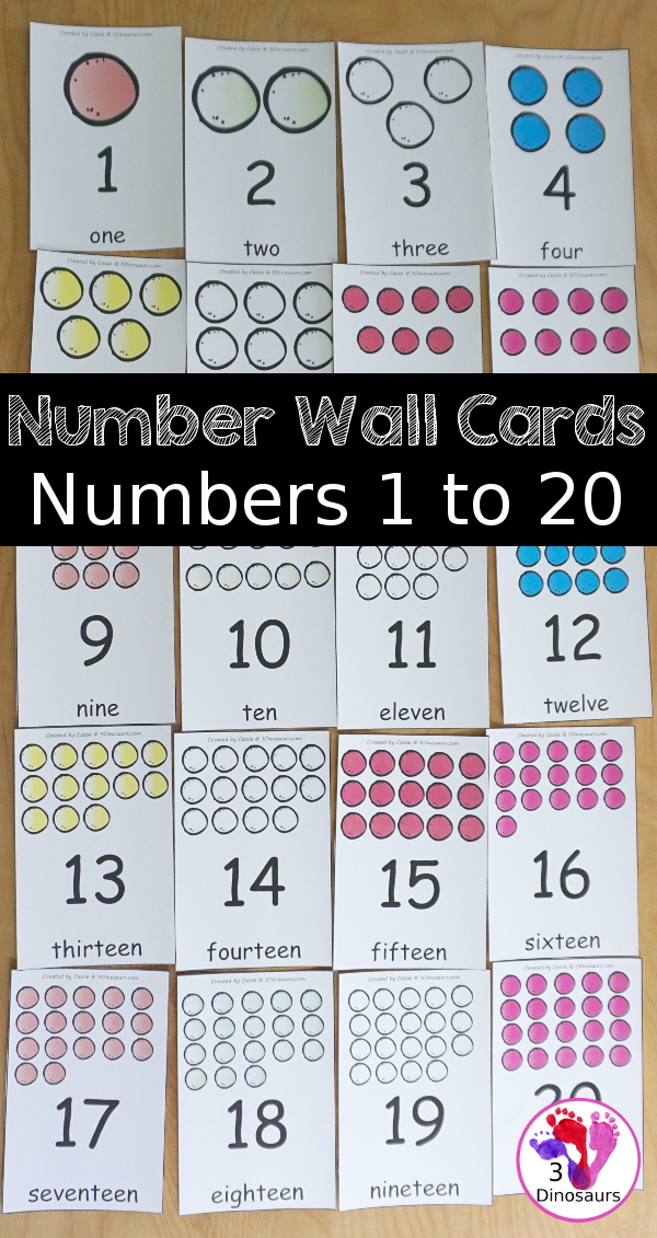 Free Number Wall Cards 1 to 20 - you have number wall cards that are great for PreK and kindergarten with a fun gumball themed with number digit and number word on the cards - 3Dinosaurs.com