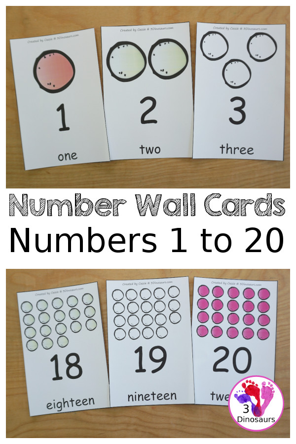 Free Number Wall Cards 1 to 20 - you have number wall cards that are great for PreK and kindergarten with a fun gumball themed with number digit and number word on the cards - 3Dinosaurs.com