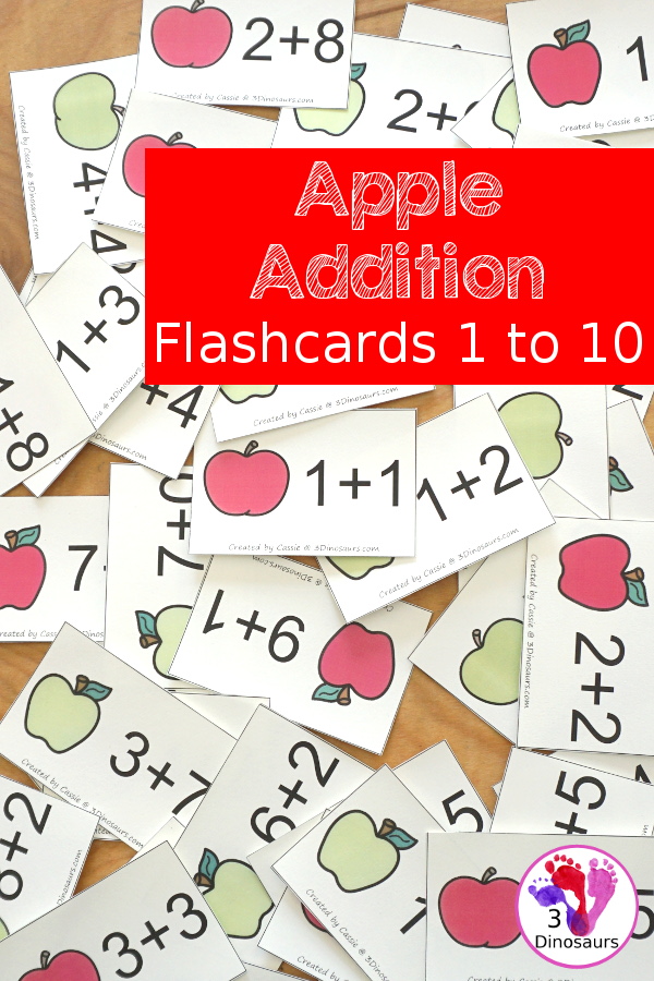 Free Apple Addition Flashcards with addition from 1 to 10 with all the ways to add up to each number - 3Dinosaurs.com