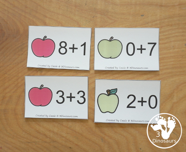 Free Apple Addition Flashcards with addition from 1 to 10 with all the ways to add up to each number - 3Dinosaurs.com
