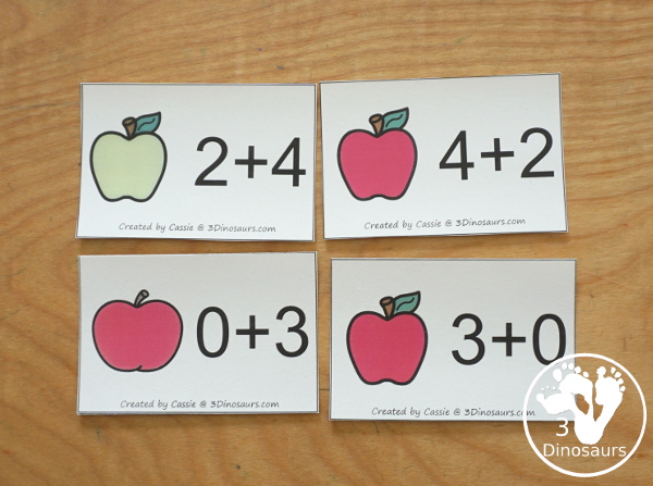 Free Apple Addition Flashcards with addition from 1 to 10 with all the ways to add up to each number - 3Dinosaurs.com