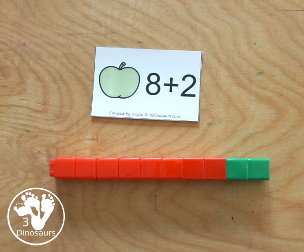 Free Apple Addition Flashcards with addition from 1 to 10 with all the ways to add up to each number - 3Dinosaurs.com