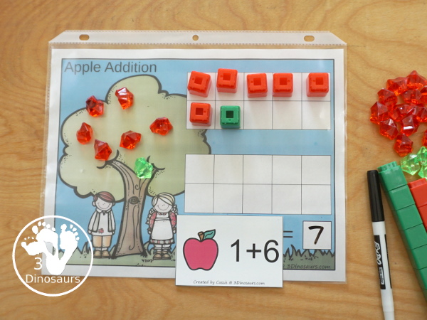 Free Apple Addition Flashcards with addition from 1 to 10 with all the ways to add up to each number - 3Dinosaurs.com