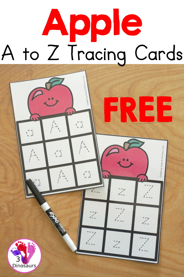 Free Apple ABC Tracing Cards with a 3 by 3 tracing rows of uppercase and lowercase letters. A fun way to change up handwriting for kids with all 26 letters of the alphabet. - 3Dinosaurs.com