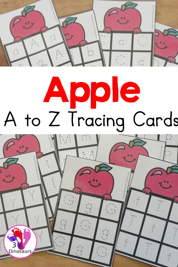 Free Apple ABC Tracing Cards with a 3 by 3 tracing rows of uppercase and lowercase letters. A fun way to change up handwriting for kids with all 26 letters of the alphabet. - 3Dinosaurs.com