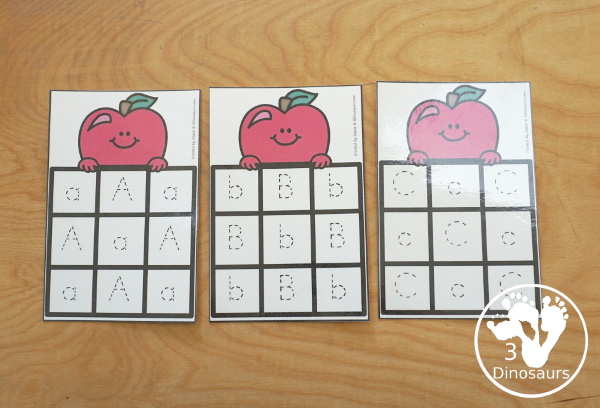 Free Apple ABC Tracing Cards with a 3 by 3 tracing rows of uppercase and lowercase letters. A fun way to change up handwriting for kids. - 3Dinosaurs.com