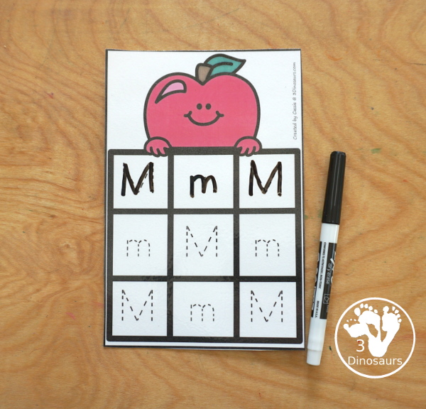 Free Apple ABC Tracing Cards with a 3 by 3 tracing rows of uppercase and lowercase letters. A fun way to change up handwriting for kids. - 3Dinosaurs.com