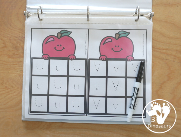 Free Apple ABC Tracing Cards with a 3 by 3 tracing rows of uppercase and lowercase letters. A fun way to change up handwriting for kids. - 3Dinosaurs.com