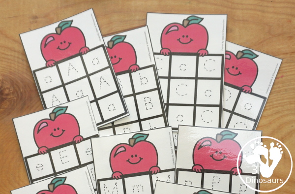 Free Apple ABC Tracing Cards with a 3 by 3 tracing rows of uppercase and lowercase letters. A fun way to change up handwriting for kids. - 3Dinosaurs.com