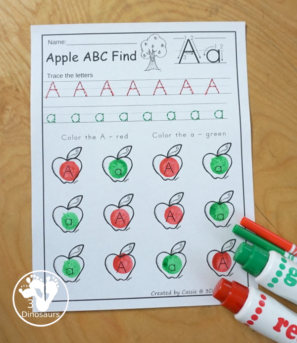 Easy No-Prep Apple ABC Find:  Uppercase & Lowercase - easy no-prep printables with a fun apple theme 26 pages with uppercase and lowercase together - 3Dinosaurs.com